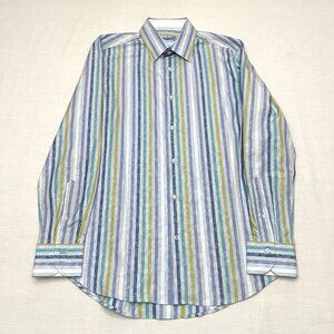 Robert Graham Men’s Large 42 16 1/2 Blue Striped Flip Cuff‎ Shirt